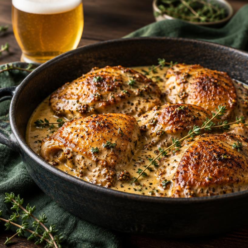 Kip in blond bier met mosterd-roomsaus — recept met Blond bier, 6–7%